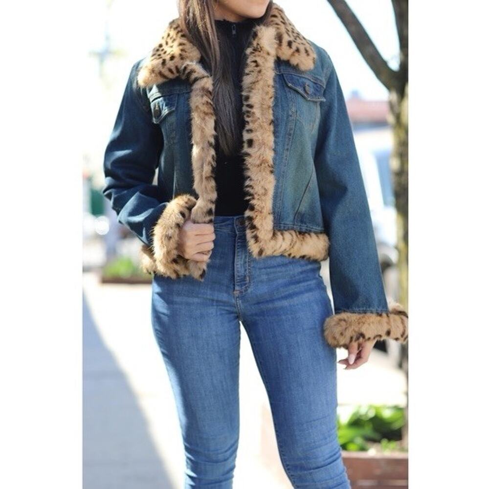 La‎ Fiorentina Denim Jacket Real Fur Trim Medium Retail $499 Luxe Y2K Mob Wife